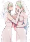  2girls bangs blush breasts bridal_gauntlets bridal_veil byleth_(fire_emblem) byleth_(fire_emblem)_(female) closed_mouth dress eye_contact fire_emblem fire_emblem:_three_houses flower from_side green_eyes hair_between_eyes highres holding ikarin long_hair looking_at_another multiple_girls parted_lips petals profile rhea_(fire_emblem) signature simple_background strapless strapless_dress tears veil very_long_hair wedding wedding_dress white_background white_dress white_flower yuri 