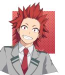  1boy blazer boku_no_hero_academia border collared_shirt grin jacket kirishima_eijirou looking_at_viewer male_focus nagiayase necktie red_background red_eyes red_hair red_necktie school_uniform sharp_teeth shirt smile solo spiked_hair star_(symbol) teeth u.a._school_uniform white_border white_shirt 