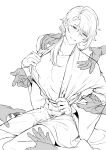 1boy bangs blush english_commentary genshin_impact godwkgodwk greyscale hands highres japanese_clothes kamisato_ayato kimono long_sleeves male_focus mole mole_under_mouth monochrome nipples open_clothes parted_lips pectorals simple_background sitting solo_focus sweat wide_sleeves yaoi 