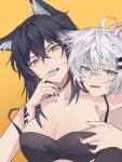  2girls :d ahoge animal_ear_fluff animal_ears aqua_eyes arknights arm_up armpits bare_shoulders biting black_bra black_hair black_nails bra breasts cleavage collarbone fangs finger_in_another&#039;s_mouth highres lappland_(arknights) large_breasts long_hair looking_at_viewer messy_hair multicolored_hair multiple_girls nail_polish open_mouth oripathy_lesion_(arknights) red_hair scar scar_across_eye shiba257 silver_hair simple_background smile strap_slip teeth texas_(arknights) two-tone_hair underwear underwear_only upper_body v-shaped_eyebrows very_long_hair wolf_ears yellow_background yellow_eyes 