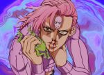  1boy blood crop_top freckles frog green_eyes heterochromia highres jjba_kk jojo_no_kimyou_na_bouken king_crimson_(stand) long_hair male_focus nosebleed pink_hair purple_hair ribbed_sweater solo stand_(jojo) sweater vento_aureo vinegar_doppio yellow_eyes 