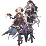 2girls aqua_eyes arm_at_side bangs blonde_hair boots breasts crossed_legs dress fold-over_boots granblue_fantasy green_eyes habit hand_up high_heel_boots high_heels long_hair looking_at_viewer medium_breasts minaba_hideo mireille_(granblue_fantasy) multiple_girls official_art pantyhose risette_(granblue_fantasy) silver_hair simple_background skirt small_breasts standing thighhighs transparent_background vial 
