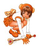  1990s_(style) 1girl back_bow bangs bow breasts brown_eyes brown_hair full_body gloves gouketsuji_ichizoku grin hananokouji_kurara holding holding_wand long_sleeves miniskirt murata_range non-web_source official_art orange_footwear orange_gloves orange_headwear orange_skirt pleated_skirt retro_artstyle short_hair simple_background skirt smile solo squatting wand white_background 