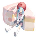  1girl black_sailor_collar black_skirt blue_eyes blue_hair bow bowtie cake cake_slice cherry commentary_request food fruit full_body grey_footwear hatsune_miku highres kneehighs long_hair long_sleeves oversized_food parted_lips pink_bow pink_bowtie rumoon sailor_collar school_uniform serafuku shirt simple_background sitting skirt solo twintails vocaloid white_background white_legwear white_shirt 