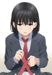  1girl black_hair black_jacket brown_eyes collarbone commentary_request jacket light_blush long_sleeves looking_at_viewer mattaku_mousuke medium_hair necktie original parted_lips pov red_necktie school_uniform shirt solo_focus sweat tying_tie white_shirt 