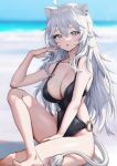  1girl ahoge animal_ear_fluff animal_ears barefoot beach black_swimsuit blurry blurry_background blush breasts cleavage collarbone earrings elbow_on_knee elbow_rest grey_eyes hand_up highres hololive jewelry knee_up large_breasts lion_ears lion_girl lion_tail long_hair looking_at_viewer o-ring o-ring_swimsuit open_mouth picter shishiro_botan sitting solo strap_gap swimsuit tail thighs virtual_youtuber white_hair 