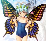  1girl antennae ass_visible_through_thighs bangs bare_arms bare_shoulders blue_swimsuit breasts butterfly_wings cameltoe chima_q collarbone commentary_request covered_navel cowboy_shot eternity_larva eyebrows_visible_through_hair fairy heart highres leaf leaf_on_head light_blue_hair looking_at_viewer one-piece_swimsuit school_swimsuit short_hair small_breasts smile solo swimsuit thigh_gap touhou wings 