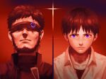  2boys beard black_jacket black_shirt brown_hair bullet_hole closed_mouth collared_shirt commentary_request cross facial_hair father_and_son head-mounted_display highres ikari_gendou ikari_shinji jacket looking_at_viewer male_focus multiple_boys neon_genesis_evangelion purple_eyes red_background red_theme rott_ur shirt short_hair upper_body white_shirt 