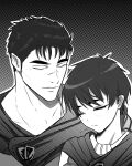  berserk black_hair casca_(berserk) cloak closed_eyes datli64 guts_(berserk) highres monochrome pointy_ears scar scar_on_face short_hair 