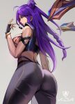  1girl absurdres ahoge armband ass black_gloves black_pants breasts cowboy_shot crop_top fingerless_gloves from_below from_side gloves gold_bracelet grey_background hair_bun hand_up headset highres k/da_(league_of_legends) k/da_kai&#039;sa kai&#039;sa league_of_legends letsbe logo long_hair looking_ahead medium_breasts microphone midriff official_alternate_costume pants parted_lips purple_eyes purple_hair simple_background solo tight tight_pants 