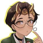  brown_hair choker datli64 earrings glasses green_jacket horns jacket jewelry loki_(marvel) marvel marvel_cinematic_universe mole mole_under_eye name_tag orange_eyes original shirt short_hair sweatdrop white_background white_shirt 