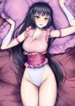  1girl adapted_costume alternate_costume bangs bare_shoulders bed bed_sheet black_hair blunt_bangs breasts cleavage frilled_shirt frills gunnjou_yosio hime_cut houraisan_kaguya large_breasts long_hair looking_at_viewer pillow pillow_grab revealing_clothes sash shirt sleeveless solo thighs touhou touhou_tag_dream wrestling_outfit yellow_eyes 