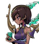  1girl bangs bare_shoulders breasts brown_hair cup detached_sleeves dress from_side hair_ornament holding holding_cup karma_(league_of_legends) large_breasts league_of_legends phantom_ix_row profile purple_dress shiny shiny_hair short_hair solo 
