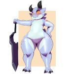  absurd_res anthro blue_body blush female genitals hand_on_hip hi_res horn kobold kureka_(trinity-fate62) looking_at_viewer melee_weapon nude orange_sclera pussy scalie smile solo sword thick_thighs trinity-fate62 weapon wide_hips 