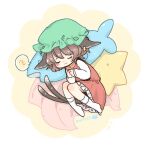  1girl animal_ears brown_hair cat_ears cat_tail chen commentary_request dress earrings fetal_position fish_pillow frilled_dress frills green_headwear hat jewelry long_sleeves m_(m073111) mob_cap multiple_tails red_dress short_hair single_earring sleeping socks solo spoken_zzz star_pillow tail touhou two_tails zzz 
