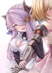  2girls apron arm_grab black_sweater blonde_hair blue_eyes blush braid breasts cleavage cleavage_cutout clothing_cutout djeeta_(granblue_fantasy) draph dress gauntlets gradient gradient_background granblue_fantasy hair_over_one_eye hairband highres horns large_breasts light_purple_hair long_hair low_tied_hair multiple_girls narmaya_(granblue_fantasy) official_alternate_costume pink_background pink_dress pointy_ears purple_hair short_hair single_braid solo_focus sweater teriton white_background 