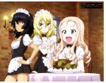  3girls absurdres andou_(girls_und_panzer) apron bangs black_dress black_hair blonde_hair blue_eyes breasts brick_wall brown_eyes cake chair cleavage closed_mouth crossed_arms dark-skinned_female dark_skin dress eating food fork girls_und_panzer green_eyes hair_between_eyes highres holding holding_fork holding_knife knife light_brown_hair maid maid_apron maid_headdress marie_(girls_und_panzer) mc_axis multiple_girls official_art open_mouth oshida_(girls_und_panzer) plate scan sconce scowl sitting small_breasts smile window wrist_cuffs 