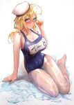  1girl blonde_hair blue_eyes blue_swimsuit blush breasts cleavage collarbone covered_navel full_body glasses hat highres i-8_(kancolle) kantai_collection large_breasts looking_at_viewer medium_hair miyako_(rgrayt) sailor_hat school_swimsuit see-through_legwear simple_background smile solo swimsuit twintails white_background white_headwear white_legwear 