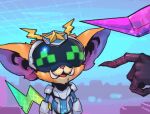  1boy :d alternate_costume android facing_viewer gnar_(league_of_legends) goggles league_of_legends multicolored_background phantom_ix_row pointing_at_another power_armor smile solo_focus standing star_(symbol) tail tusks upper_body yordle 