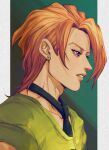  1boy clothing_cutout earrings formal highres hospital_0434 jewelry jojo_no_kimyou_na_bouken male_focus necktie orange_hair pannacotta_fugo profile purple_eyes solo suit vento_aureo 