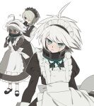  1boy 1girl ahoge alternate_costume apron bangs black_apron black_dress closed_mouth collared_shirt commentary_request crossdressing danganronpa_(series) danganronpa_v3:_killing_harmony dress enmaided etklgsscizgnglq green_eyes green_ribbon grey_background grey_hair heart_ahoge highres juliet_sleeves keebo long_sleeves maid maid_apron maid_headdress medium_hair multiple_views neck_ribbon necktie own_hands_together puffy_sleeves purple_necktie ribbon shirogane_tsumugi shirt shoes short_hair simple_background solo_focus standing white_apron white_shirt 