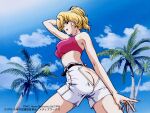  1990s_(style) 1996 1girl arm_up ass ass_cutout belt blonde_hair blue_eyes breasts butt_crack closed_mouth clothing_cutout cloud company_name covered_nipples day long_hair looking_at_viewer looking_back maharaja_(megami_paradise) megami_paradise no_panties official_art outdoors photoshop_(medium) pink_shirt retro_artstyle shirt shorts solo tree white_shorts yamauchi_noriyasu 