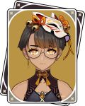  bare_shoulders bell black_hair black_shirt card china_dress chinese_clothes datli64 dress earrings eyeliner fox_mask gem genshin_impact glasses gradient_hair highres jewelry jingle_bell makeup mask multicolored_hair orange_eyes orange_ribbon original ribbon shirt symbol-shaped_pupils tassel 