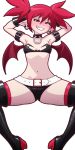  1girl armband arms_behind_head belt black_collar boots breasts collar demon_girl demon_wings disgaea earrings etna grin hair_between_eyes high_heel_boots high_heels jewelry makai_senki_disgaea micro_shorts midriff mike_inel navel pale_skin pointy_ears red_eyes red_hair shorts skull_earrings small_breasts smile solo spread_legs thigh_boots thighhighs transparent_background twintails wings 