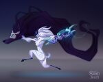  1girl artist_name bow_(weapon) fangs from_side fur_trim gradient gradient_background highres holding holding_bow_(weapon) holding_weapon horns kindred_(league_of_legends) lamb_(league_of_legends) league_of_legends long_hair mask odeko_yma running weapon white_hair wolf_(league_of_legends) 