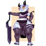  absurd_res anthro armor armwear blue_body bottomwear clothing female hand_on_hip hi_res horn kobold kureka_(trinity-fate62) legwear loincloth looking_at_viewer melee_weapon orange_sclera scalie smile solo sword thick_thighs topwear trinity-fate62 weapon wide_hips 
