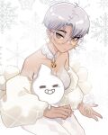  ahoge bare_shoulders bell blue_eyeliner breasts cleavage datli64 dress earrings fur_coat jewelry jingle_bell large_breasts necklace original ring short_hair snowflake_background snowflakes star_(symbol) star_earrings strapless strapless_dress white_dress white_hair white_nails yellow_eyes 