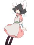  1girl ahoge animal_ears apron artist_name bandages belt black_hair carrot_necklace collared_dress dated dress floppy_ears frilled_sleeves frills highres inaba_tewi m_(m073111) orange_eyes pink_dress puffy_short_sleeves puffy_sleeves rabbit_ears short_hair short_sleeves simple_background solo sparkle touhou wavy_hair white_background wing_collar 
