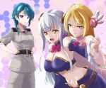  3girls aizawa_kazuha assault_lily asymmetrical_hair bangs bare_shoulders behind_another belt black_belt blonde_hair blue_background blue_eyes blue_hair blue_skirt blue_sleeves blunt_bangs bow bowtie braid breasts chiyoda_momo chiyoda_momo_(cosplay) choker cleavage closed_mouth commentary_request commission cosplay crop_top demon_horns detached_collar detached_sleeves dress earth_federation eyebrows_visible_through_hair frilled_choker frilled_sleeves frills gold_trim gradient gradient_background grey_background grey_jacket grey_pants gundam hair_behind_ear hair_bow hair_ornament hairclip hand_on_another&#039;s_cheek hand_on_another&#039;s_face hand_up hands_on_hips hands_up highres holding_another&#039;s_wrist honeycomb_(pattern) honeycomb_background horns jacket juliet_sleeves kon_kanaho large_breasts leaning_forward long_hair long_sleeves looking_at_another looking_at_viewer machikado_mazoku medium_breasts medium_hair midriff military military_uniform miyagawa_takane multicolored_background multiple_girls naughty_face navel open_mouth pants pink_bow pink_bowtie pink_choker pink_dress pink_sleeves pixiv_request puffy_sleeves purple_background purple_bow purple_eyes raised_eyebrows short_sleeves side_braid sidelocks silver_hair skirt smile standing stomach strapless strapless_dress swept_bangs uniform urutsu_sahari yellow_eyes yoshida_yuuko_(machikado_mazoku) yoshida_yuuko_(machikado_mazoku)_(cosplay) yuri 