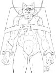  2017 abs anthro biped black_and_white canid canine canis cheek_tuft crotch_tuft dated empty_eyes facial_tuft front_view inner_ear_fluff lying male mammal monochrome muscular muscular_anthro muscular_male on_back patchwork_creature restrained scar signature skyelegs solo tuft veiny_muscles wolf 