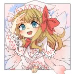  1girl :d bangs blonde_hair blue_eyes bow capelet cherry_blossoms eyebrows_visible_through_hair fairy_wings highres lily_white long_hair looking_at_viewer open_mouth red_bow smile solo teeth touhou tutuntudenden upper_body upper_teeth white_capelet white_headwear wings 