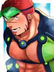  1boy abs akashi_(live_a_hero) bara blush bodysuit facial_hair goatee green_male_swimwear large_pectorals live_a_hero looking_at_viewer male_focus male_swimwear mature_male muscular muscular_male nipples official_alternate_costume pectoral_cleavage pectorals pon20021202 red_hair scar scar_on_face scar_on_nose short_hair sideburns smile solo stomach thick_eyebrows upper_body wetsuit 