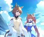  2girls agnes_tachyon_(umamusume) ahoge animal_ears bangs blue_bow blue_bowtie botamochi_(exwelder) bow bowtie breasts brown_eyes brown_hair clenched_hands cloud coat commentary_request daiwa_scarlet_(umamusume) day earrings epaulettes fang hair_intakes hands_up horse_ears jewelry large_breasts long_hair medium_hair multiple_girls necktie open_clothes open_coat open_mouth outdoors red_eyes shirt short_necktie single_earring sleeves_past_fingers sleeves_past_wrists small_breasts smile sweater test_tube tongue twintails umamusume white_coat white_shirt yellow_sweater 