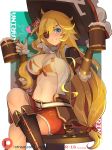  1girl ahoge ascot beer_mug bikini_top blonde_hair blue_eyes blush boots bow breasts checkered cleavage dragalia_lost dual_wielding eyepatch grin hair_bow hat heart hentaki highres holding karina_(dragalia_lost) knee_boots large_breasts legs_crossed long_hair looking_at_viewer low-tied_long_hair miniskirt navel one_eye_covered open_clothes open_shirt patreon_username pirate pirate_hat shirt sidelocks sitting skirt smile solo stomach very_long_hair wavy_hair white_shirt 