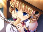  blonde_hair blue_eyes bow censored cum curly_hair drill_hair fellatio koihime_musou oral penis ribbon sousou twintails under_table under_the_table 