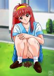  crouch crouching fujisaki_shiori long_hair no_panties pussy red_hair scat school_uniform serafuku tokimeki_memorial uncensored upskirt 