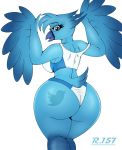  2019 anthro avian beak big_breasts big_butt bird blue_eyes blue_feathers breasts butt clothed clothing eyelashes feathers female hi_res legs_together looking_at_viewer looking_back non-mammal_breasts open_mouth open_smile panties portrait rear_view renegade-157 shirt side_boob simple_background smile solo standing tank_top three-quarter_portrait tweetfur twitter underwear white_background wide_hips 