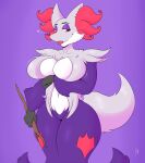  absurd_res anthro big_breasts breasts canid canine coffee_demon delphox female fox fur hi_res inner_ear_fluff mammal nintendo pok&eacute;mon pok&eacute;mon_(species) purple_body purple_fur simple_background solo staff tongue tongue_out tuft video_games 