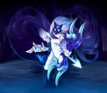  1girl absurdres arrow_(projectile) artist_name bow_(weapon) colored_skin full_body furry furry_female highres holding holding_bow_(weapon) holding_weapon kindred_(league_of_legends) lamb_(league_of_legends) league_of_legends long_hair mask odeko_yma open_mouth sharp_teeth standing teeth tongue weapon white_hair white_skin wolf_(league_of_legends) 