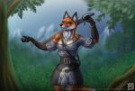  2017 anthro armello biped black_body black_ears black_fur black_nose bracelet brown_belt brown_eyes canid canine cheek_tuft clothing dated dipstick_ears facial_tuft female fox front_view fur glistening glistening_eyes gloves_(marking) holding_object holding_sword holding_weapon inner_ear_fluff jewelry leaf looking_at_viewer mammal markings melee_weapon multicolored_body multicolored_ears multicolored_fur neck_tuft necklace orange_body orange_ears orange_fur orange_tail outside plant scarlet_(armello) shrub signature skyelegs solo standing sword text topwear tree tuft url video_games weapon white_body white_fur white_inner_ear_fluff white_tail 