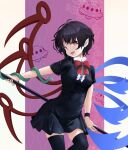 1girl asymmetrical_wings black_dress black_hair black_legwear blue_wings bow bowtie dress highres holding holding_weapon houjuu_nue looking_at_viewer open_mouth pointy_ears polearm red_bow red_eyes red_wings short_dress short_hair short_sleeves smile snake solo thighhighs touhou trident tsukechi weapon wings zettai_ryouiki 
