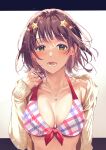  1girl :o absurdres amami_haruka beige_cardigan bikini bikini_under_clothes blush breasts brown_hair cardigan cleavage collarbone floating_hair green_eyes highres hinazuka_ryou holding holding_hair idolmaster idolmaster_(classic) idolmaster_million_live! looking_at_viewer medium_breasts plaid plaid_bikini short_hair solo swimsuit upper_body 