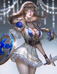  1girl armor blue_bow blue_eyes borrowed_character bow braid braided_ponytail breasts brown_hair cleavage cosplay detached_sleeves dress english_commentary gift_art hair_bow holding holding_shield holding_sword holding_weapon large_breasts laurel_crown lips long_hair low-tied_long_hair mea_koenig original pale_skin revealing_clothes serafleur shield shoulder_armor silver_dress single_braid solo sophitia_alexandra sophitia_alexandra_(cosplay) soulcalibur sparkle sword very_long_hair weapon wristband 