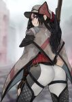  1girl absurdres andre_borges ass ass_focus back black_hair camouflage fingerless_gloves from_behind gloves gun hat highres kai_schren long_hair looking_at_viewer looking_back military military_uniform pants pantylines ponytail red_scrunchie rifle scrunchie senjou_no_valkyria_(series) senjou_no_valkyria_4 skin_tight sniper_rifle solo thighs tight tight_pants uniform weapon 