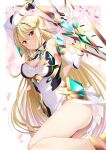 1girl aegis_sword_(xenoblade) bangs bare_legs bare_shoulders blonde_hair breasts chest_jewel cleavage cleavage_cutout clothing_cutout daive dress earrings elbow_gloves gloves highres jewelry large_breasts long_hair mythra_(xenoblade) short_dress solo swept_bangs tiara very_long_hair white_dress white_gloves xenoblade_chronicles_(series) xenoblade_chronicles_2 yellow_eyes 