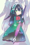  1girl black_hair black_skirt breasts chibi dress futonder_(ookii_hou_ga_suki_da) green_dress green_hairband gundam gundam_build_divers gundam_build_divers_re:rise hairband holding holding_pen lolita_hairband long_hair looking_at_viewer may_(gundam_build_divers_re:rise) medium_breasts minigirl mobile_doll_may open_mouth pen skirt solo very_long_hair zoom_layer 